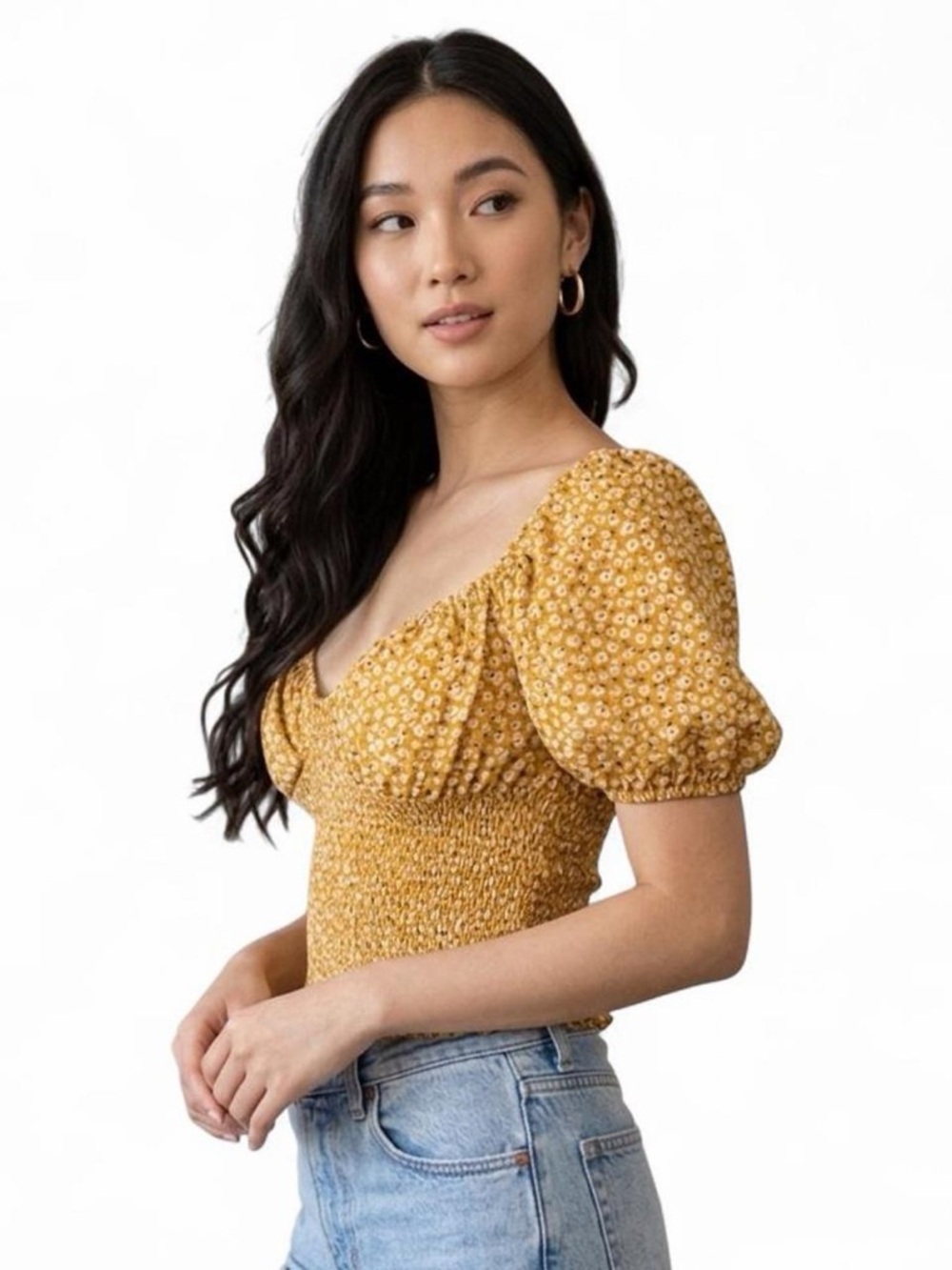 RESA Mustard Floral Smocked Crop Top